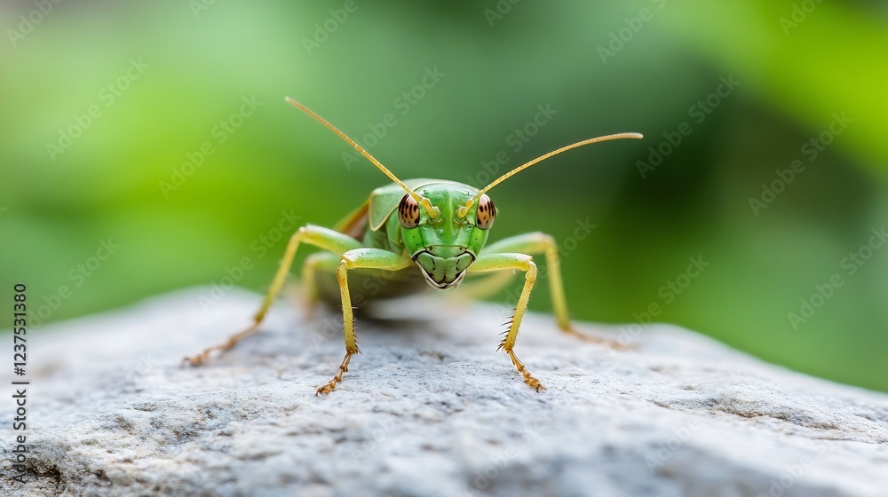 Poster closeup of vibrant green grasshopper on stone in natural habitat with blur background : generative a