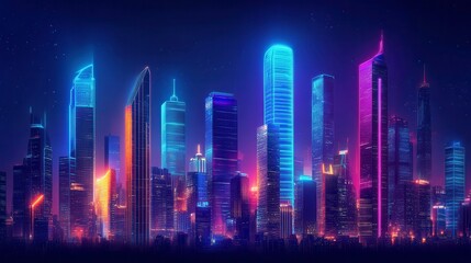 A vibrant, futuristic city skyline illuminated with neon lights against a dark night sky.