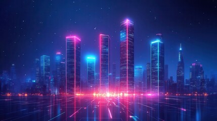 Fototapeta premium A vibrant city skyline illuminated by neon lights, showcasing futuristic buildings against a starry night sky.