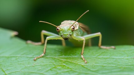 Fototapeta premium Detailed Close Up of Green Katydid Perched on Leaf Surrounded by Lush Foliage : Generative AI