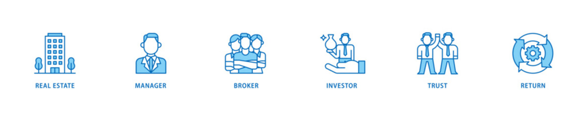 REIT icon set flow process which consists of real estate, manager, broker, investor, trust and return icon live stroke and easy to edit .