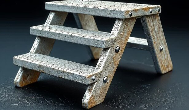 A rustic wooden step stool on a dark background, showcasing its worn texture and sturdy design