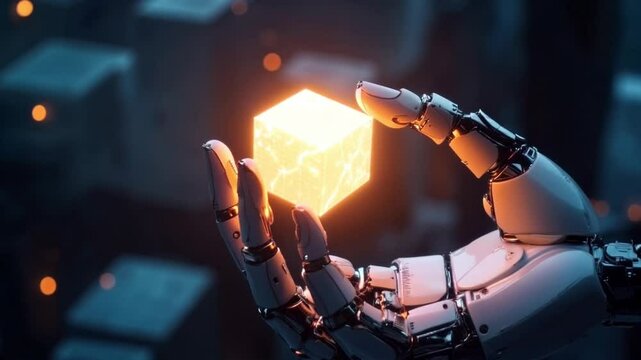 Robotic Hand Holding Glowing Cube: Futuristic Technology