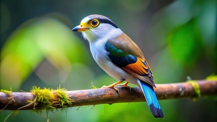 Fototapeta premium Bird in Nature - Silver-breasted Broadbill perched on Tree Branch in Forest
