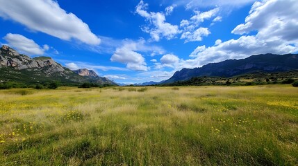Obraz premium Panoramic Mountain Landscape with Blue Sky and Fluffy Clouds over Wildflower Meadow on Sunny Day : Generative AI