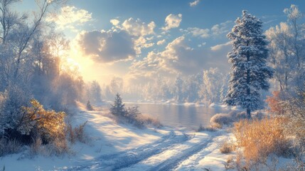 snowy landscape, with trees and Christmas atmosphere,