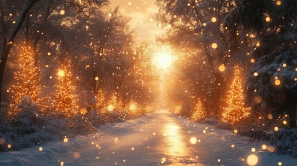 snowy landscape, with trees and Christmas atmosphere, beautiful day,sunshineï¼Œ realytic photo, style raw
