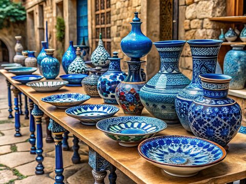Blue Ceramics Displayed in the Night Market of Bosra, Syria