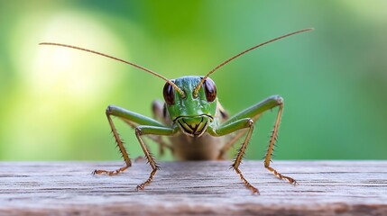 Fototapeta premium Vibrant Green Grasshopper on Weathered Wood with Focus on Texture and Natural Background : Generative AI