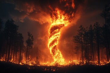 Terrifying Fire Tornado Engulfs Landscape in Destructive Whirlwind of Flames and Smoke, Unprecedented Natural Disaster Unleashes Fury and Devastation