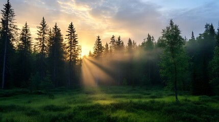 Sunlight Streaming through Forest Trees Illuminating Meadow at Dawn in Peaceful Wilderness : Generative AI