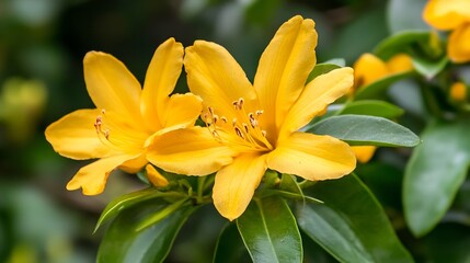 Obraz premium Golden Yellow Blooms of Allamanda Flowers Amidst Lush Green Foliage : Generative AI