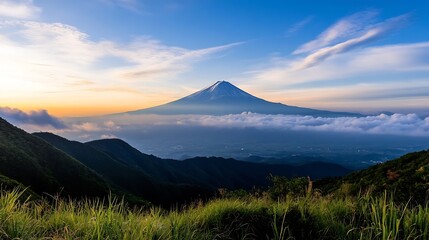 Fototapeta premium Scenic View of Mount Fuji Surrounded by Clouds during Sunrise : Generative AI