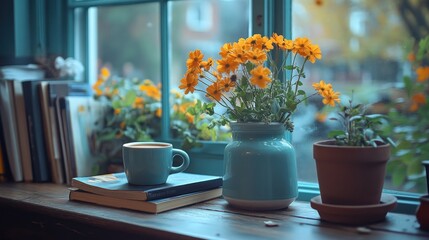 Cozy Autumn Windowsill Still Life: Coffee, Books, and Flowers