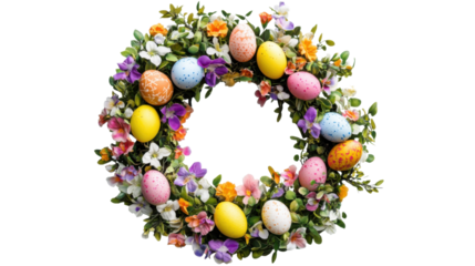 Colorful easter wreath decorated with painted eggs and flowers on transparent background