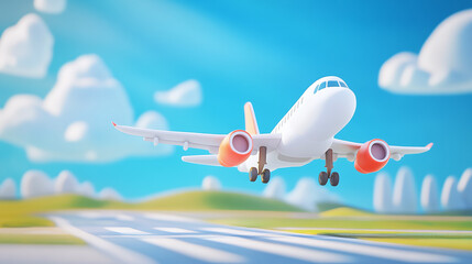 3D cartoon plane takes off from airport