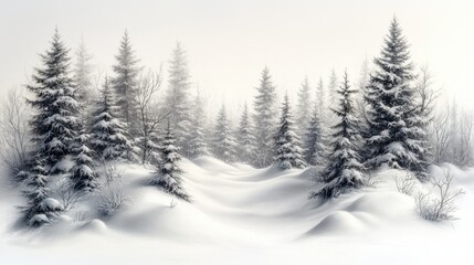lots of thick fluffy forest of pine trees new fallen snow detailed intricate pencil drawing on pure white background