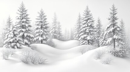 lots of thick fluffy forest of pine trees new fallen snow detailed intricate pencil drawing on pure white background