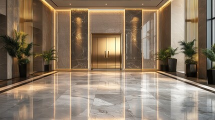 A modern lobby featuring polished marble floors, elegant lighting, and potted plants, creating a sophisticated and welcoming atmosphere.