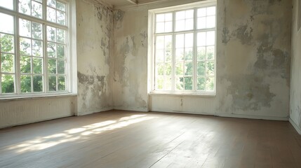 Fototapeta premium Empty Sunlit Room with Large Windows and Rustic Aged Walls in Vintage Style : Generative AI