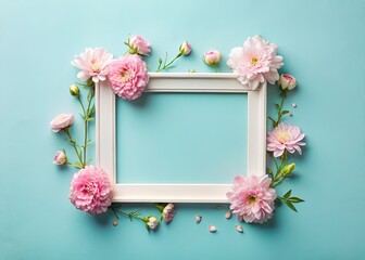 Obraz premium Light Pink Flowers and Empty Frame on Pastel Blue for Special Occasions