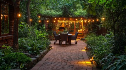 Charming Outdoor Patio Scene Featuring Elegant Table and Comfortable Chairs Surrounded by Softly Glowing Lights Creating a Cozy Inviting Atmosphere for Evening Gatherings and Relaxation