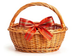 Premium Natural Wicker Basket With Gift Ribbons on White Background