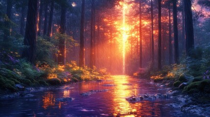 detailed photorealistic colored illustration, rainy redwood forest with stream and luminescent lightbeam beautiful vibrant colors, glossy digital art,