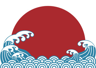 Fototapeta premium 海 波 青海波 日の出 正月 年賀 和風 和柄 模様 モダン 背景 フレーム イラスト素材