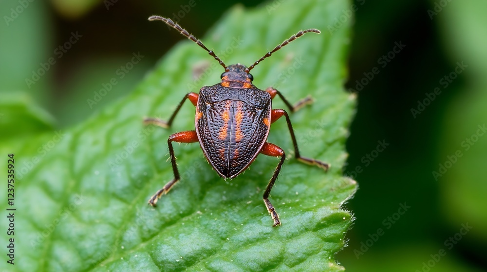 Poster macro shot of beetle on leaf close up of vibrant beetle on green leaf with detailed texture : genera