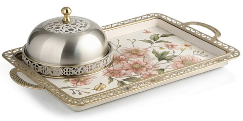 Elegant Floral Serving Tray with Metal Cloche for Gourmet Presentation