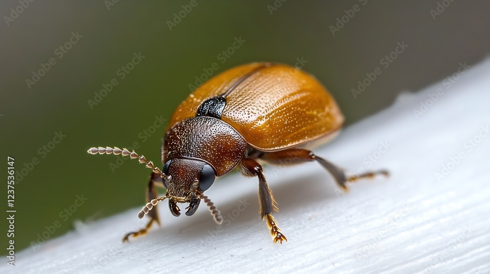 Poster Golden Brown Beetle on White Surface with Gleaming Shell : Generative AI