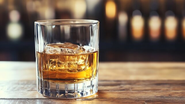 Luxurious Whiskey Glass with Ice Cubes on Wooden Bar Surface Elegantly Lit : Generative AI