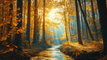 Obraz premium A majestic forest scene, towering ancient trees with golden sunlight filtering through dense foliage, a winding river shimmering under dappled light