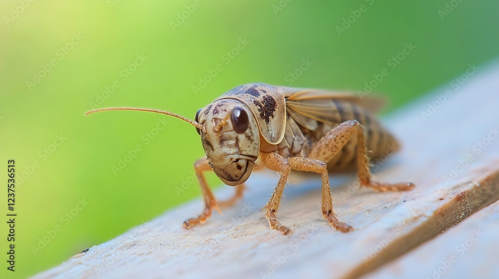 Poster Grasshopper with Detailed Features on Wooden Surface and Green Background : Generative AI