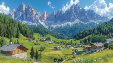 Fototapeta premium Sunny Alpine Village Valley Scenic Mountain View