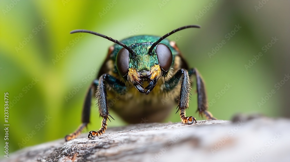 Poster Green Bug with Shiny Surface and Large Eyes Isolated on Soft Background : Generative AI