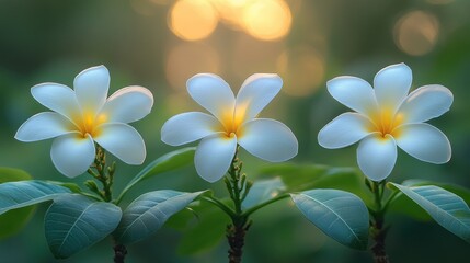 Fototapeta premium Serene Plumeria Trio: A Symphony of Soft Light and Delicate Petals