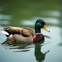 Fototapeta premium Feathered duck glides effortlessly on water's surface, serene, calm
