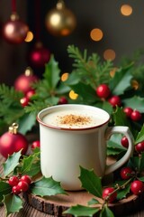 Festive Christmas Eggnog in a mug surrounded by garlands of holly and mistletoe with ornaments on the wall behind, warm glow, christmas decoration
