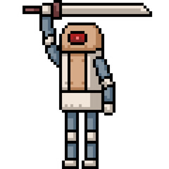 pixel art of sword fighting robot