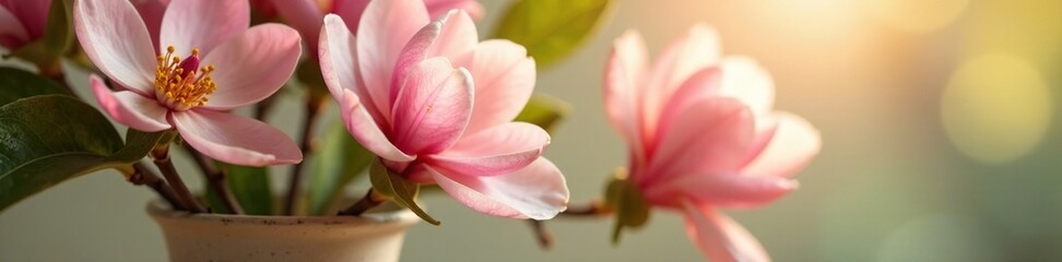 Gentle morning light highlights pink flower arrangement in a vase, peach, magnolia