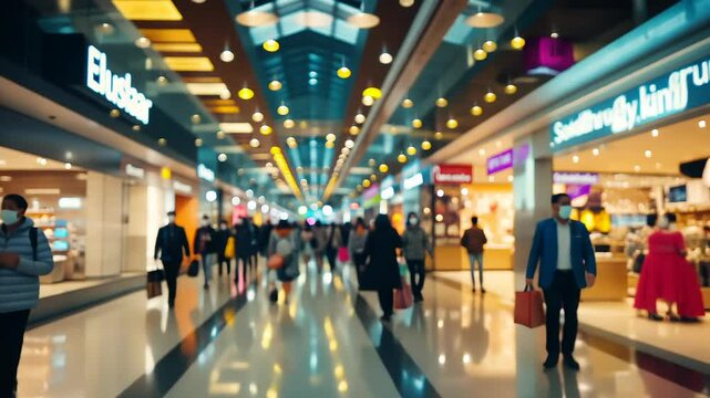 Abstract blurred photo of many people shopping inside department store or modern  shopping mall. Urban lifestyle and black Friday shopping, motion, speed, blurred, group, city, modern