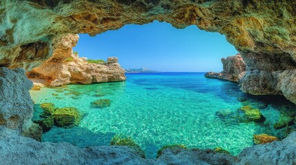 Fototapeta premium Secluded cove viewed from cave, turquoise water, sunny day, island background, travel brochure
