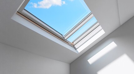 Fototapeta premium Skylight view, attic room, sunlight, interior design, home improvement. Generative ai