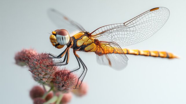 Generate a hyper-realistic, highly detailed image of a dragonfly (libelle) attached to a plant. The plant should be about 2/3 of the image height.