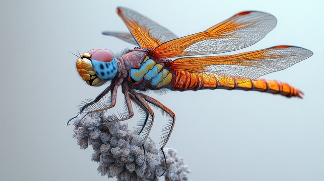 Generate a hyper-realistic, highly detailed image of a dragonfly (libelle) attached to a plant. 