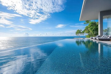 Fototapeta premium A stunning infinity pool seamlessly merges with the ocean under a clear blue sky, offering a luxurious and tranquil escape.