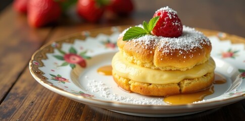 Golden brown cream puff on a decorative plate, baked goods, dessert