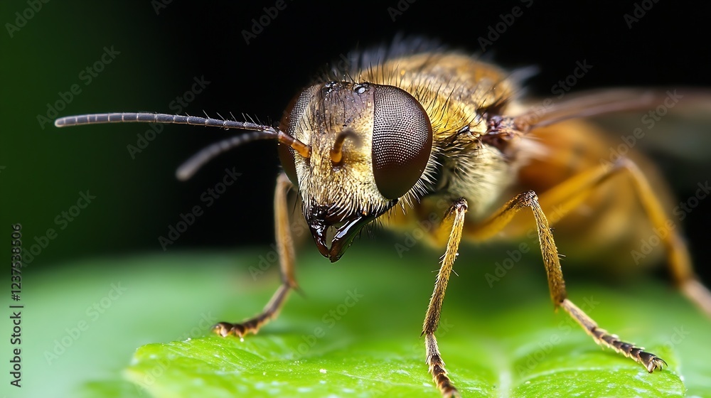 Poster closeup of a hoverfly resting on green leaf in natural light : generative ai